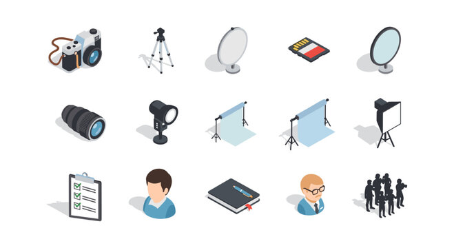 Isometric photography equipment icons set: cameras, tripods, lighting and accessories