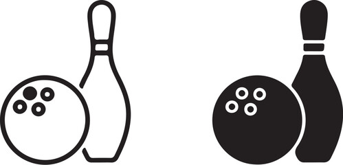 Outline and Solid Icons of a Bowling Ball and Pin on White Background Keywords: bowling, ball, pin, sport, game, recreation, leisure, activity, strike, spare, competition, on transparent background