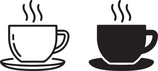 Outline and Solid Black Icons of a Steaming Coffee Cup and Saucer on a White Background drink on transparent background