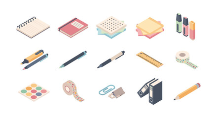 Isometric office supplies set: notebooks, rulers, pens, and more in modern design