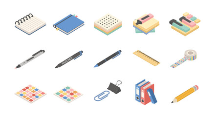 Isometric school supplies arranged neatly on white background