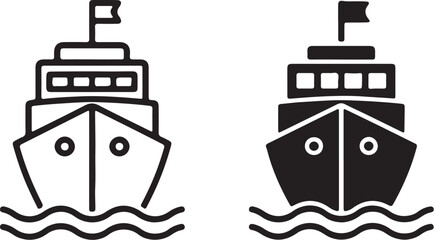 Outline and Solid Icons of a Ship Front View on White Background Keywords: ship, boat, vessel, cruise, ferry, transportation, watercraft, maritime, nautical, front view, on transparent background