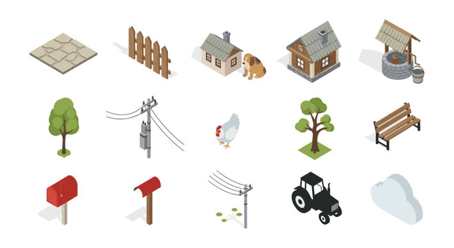 Rural farm elements set with isometric buildings, animals, and nature features
