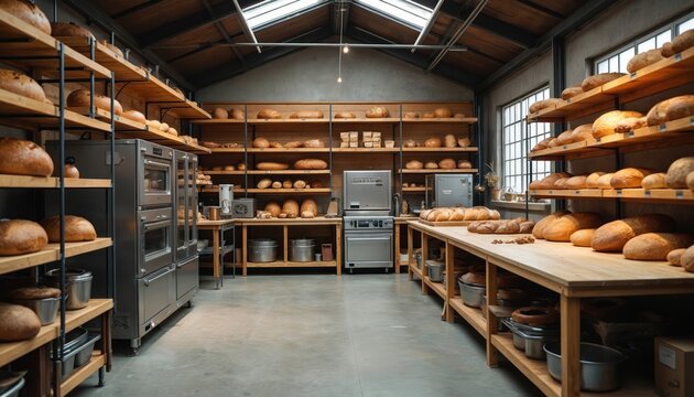 Pro bakery interior filled with racks of fresh bread and commercial ovens. Shelves display loaves, pastries, and baking supplies. The clean, modern space is ready for operation or display.