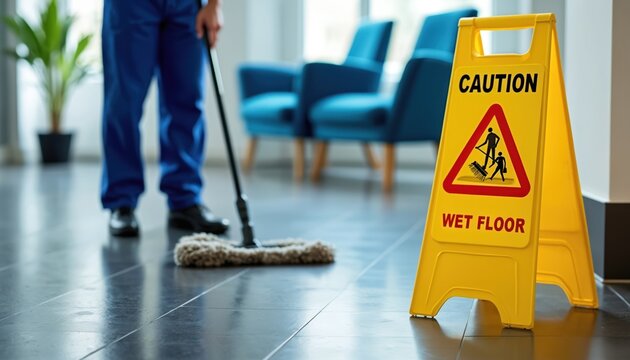 Person in blue uniform mops wet floor in modern office space. Yellow caution sign warns of wet surface. Worker ensures cleanliness, safety for visitors, staff in commercial building. Important