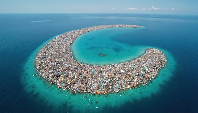 Aerial view shows huge island of plastic waste visible in blue ocean water. Crescent shaped garbage patch pollutes clear turquoise lagoon. Highlights marine environment damage, plastic pollution, eco