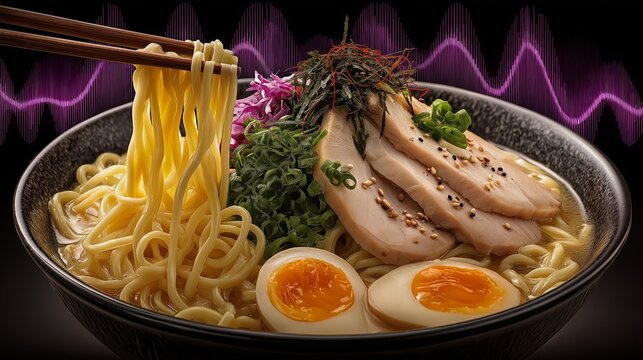 Ramen: Close-up of a vibrant bowl of ramen, with perfectly cooked noodles, tender sliced meat, soft-boiled eggs, and fresh garnishes, a visual feast that's sure to stimulate the appetite.