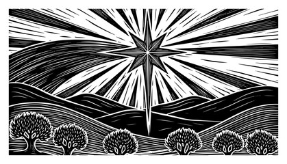 Shining Christmas star over the hills and trees hand drawn vector illustration in vintage woodcut style
