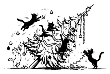Funny cats destroying Christmas tree vector illustration showing naughty pets climbing and knocking down pine in sketch style