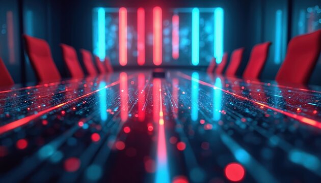 Digital data streams flow across futuristic boardroom table. Red, blue neon lights brighten modern corporate meeting space. Advanced cybersecurity, info protection, future business strategy, global
