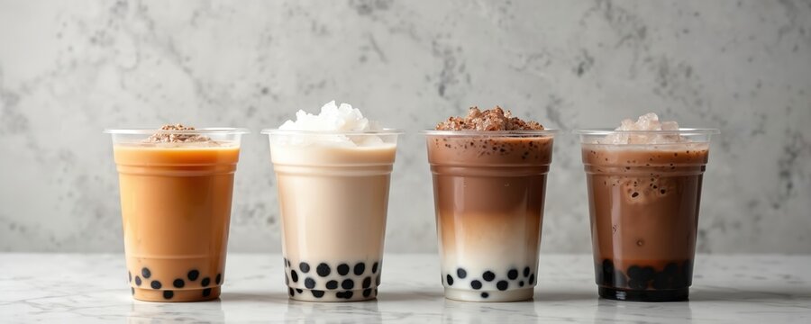 Four different bubble tea drinks lined up. Iced beverages in clear cups with tapioca pearls. Milk tea, chocolate drink, and creamy frappes served cold.