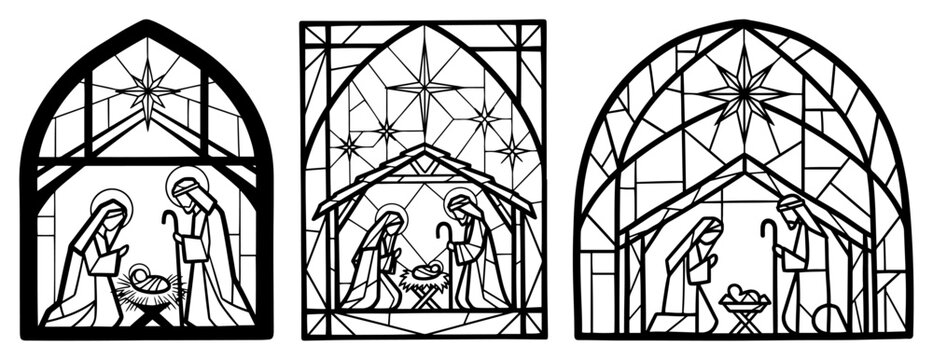 Nativity scene vector set in stained glass style showing Holy Family with baby Jesus in manger using black outlines