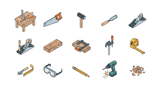 Essential carpentry tools collection in isometric style for woodworking projects