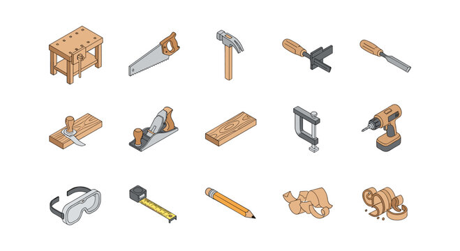 Isometric tools and equipment for woodworking: saw, hammer, drill, and more
