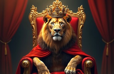 Naklejka premium Illustration shows lion king wearing golden crown. He wears red cloak, sits on rich throne with royal red curtains. Lion is calm, power and confident ruler. Great illustration for various themes.