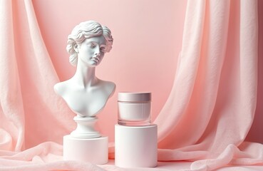 Beauty still life classical goddess bust, skincare cream. White sculpture contrasts with soft pink fabric. Minimal composition highlights elegance, wellness, beauty. Copy space offers layout for