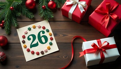 Kraft-Wrapped Gift Box with Red Ribbon and Santa Hat &ndash; Cozy Christmas Celebration Visual