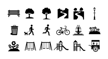Urban park elements: silhouette icons of nature, recreation, and leisure activities