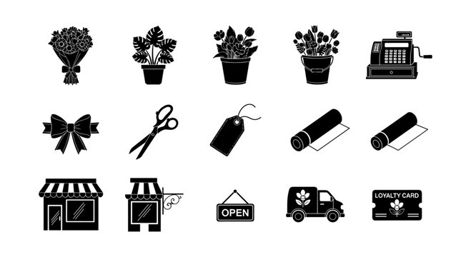 Floral and shop icons set: silhouette style for retail and gardening themes