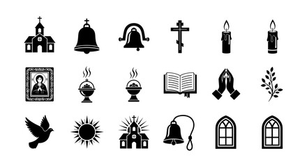 Christian symbols collection: silhouettes of churches, crosses, candles, and bells