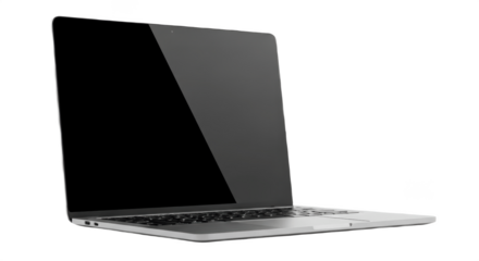 Front View of Modern Slim Silver Laptop with Blank Black Screen, Isolated on White Background
