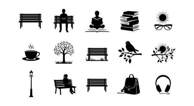 Silhouette icons: outdoor benches, relaxation, and learning elements