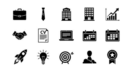 Business icons set: office, calendar, and success symbols in silhouette style