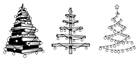 Set of creative Christmas trees made of books wooden logs and string lights hand drawn vector illustration