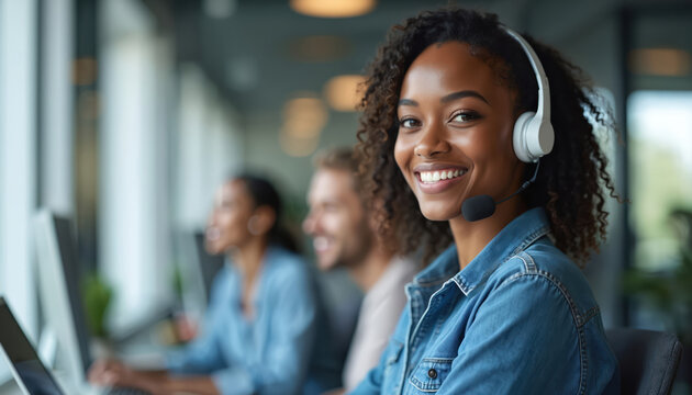 Black woman customer service operator wears headset, smiles happy at camera. Colleagues work in background at modern office desk. Provides friendly call support. Diverse team gives pro assistance to