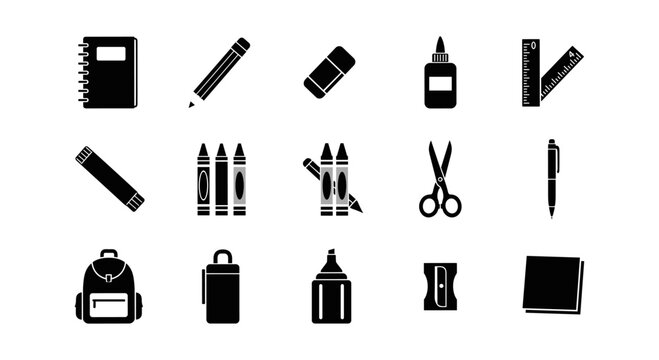 Silhouette school supplies icons set: pencil, scissors, backpack, ruler, eraser