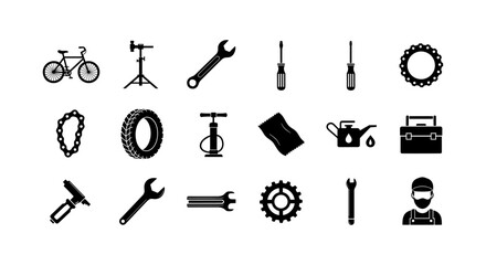 Silhouette icons of bicycle repair tools and parts for maintenance and workshops