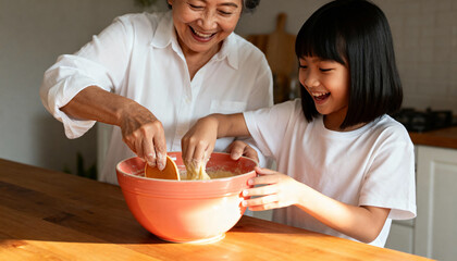 Happy Asian grandmother teaching her granddaughter how to bake in the kitchen. Smiling senior woman and child cooking together. Family bonding and learning a new skill