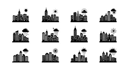 Urban skyline silhouettes with weather icons