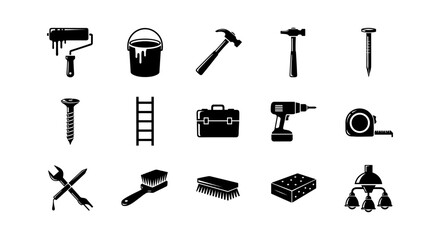 Essential diy tools icon set in black silhouette style on white background