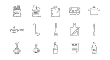 Essential kitchen cooking icons with pasta, spices, and utensils in simple linear style