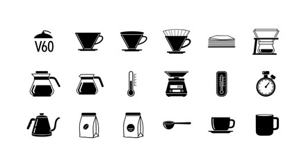 Coffee brewing essentials: icons of drippers, scales, and kettles for coffee enthusiasts