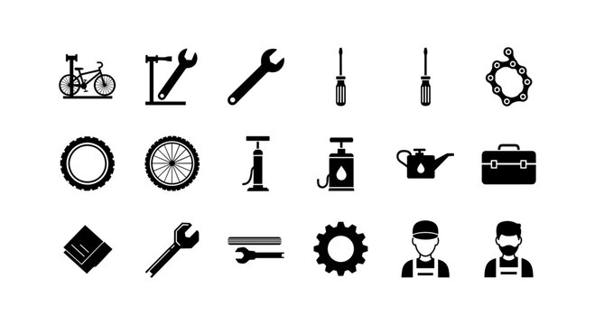 Bicycle repair tools icons for maintenance and workshop settings