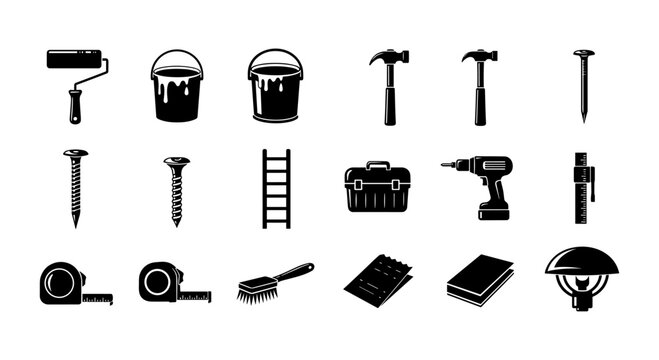 Silhouette of various construction and repair tools on white background