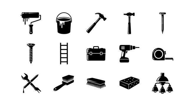 Essential diy tools icon set in black silhouette style on white background