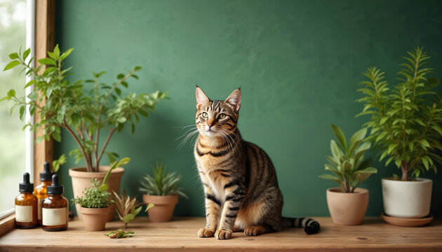 Tabby cat sits on wooden shelf with potted plants and amber bottles. Green wall backdrop suggests natural remedies. Wellness and pet care themes. Cozy home vibe.