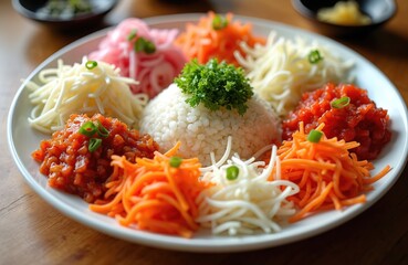 A white plate holds a mound of rice, surrounded by portions of colorful fermented vegetables and shredded ingredients. Green onions garnish some of the toppings, adding fresh flavor.