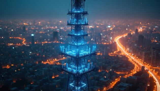 Futuristic 5G telecommunication tower broadcasts over night city. Station transmits wireless cellular data signal with glowing blue lights. Digital network provides mobile internet connection for