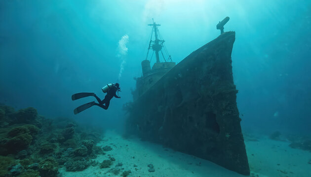 Scuba diver swims towards sunken shipwreck on ocean floor. Underwater landscape with coral reef, sandy sea bed. Diver explores large wrecked vessel with damaged hull, rusty metal. Ocean water clear