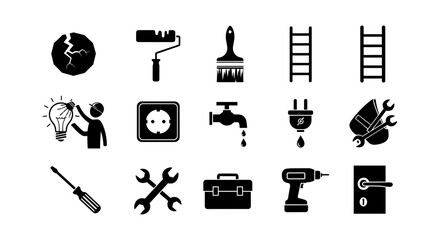 Essential diy and repair tools in simple black silhouette icons