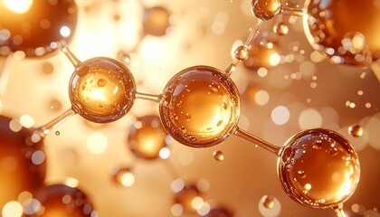 琥珀色に輝く美容成分の分子構造バブルアート 3Dレンダリング ジェネレーティブAI