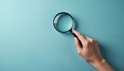 Obraz premium Hand holds magnifying glass on blue surface. Loupe checks detail on plain background. Research analysis concept presented. Close up of detective inspector exploring data for solution information.