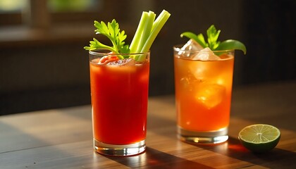 Fototapeta premium Bloody Mary and Spicy Orange Cocktail – Vibrant Herb-Garnished Drinks on Wooden Table