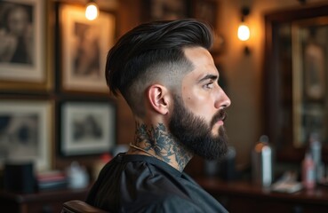 Young stylish man with trendy fade haircut, groomed beard, neck tattoos. Wears black protective cape. Client sits in barber chair, ready for pro hair styling beard trim service in upscale, modern