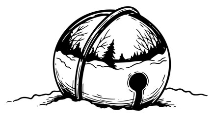 Giant jingle bell vector illustration with winter forest landscape scene reflection inside in black and white sketch style