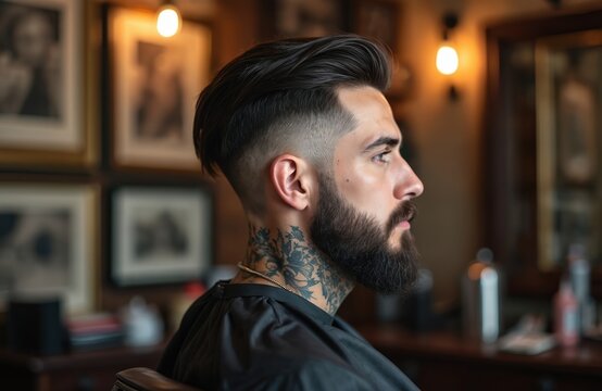 Young stylish man with trendy fade haircut, groomed beard, neck tattoos. Wears black protective cape. Client sits in barber chair, ready for pro hair styling beard trim service in upscale, modern